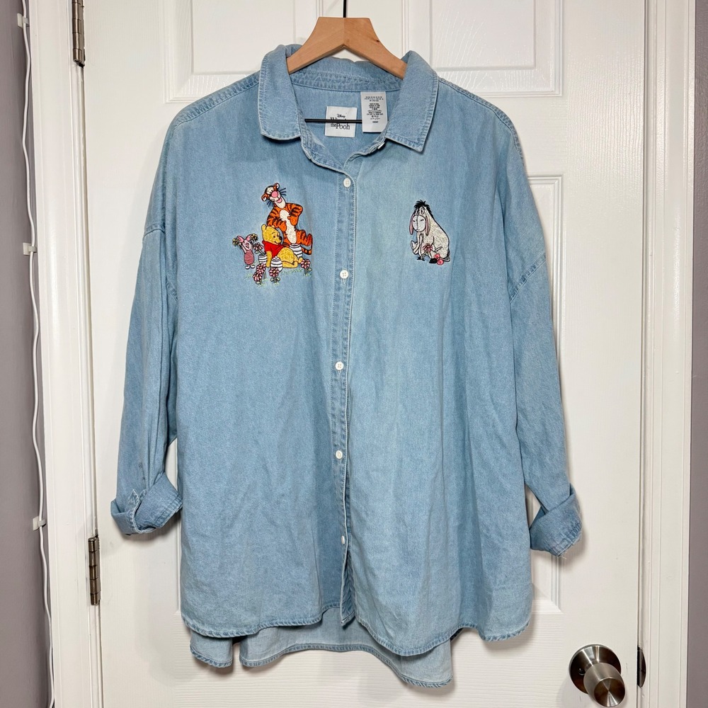 Disney Winnie the Pooh & eeyore Women Boxy Blue Denim Shirt Comic Con XXL